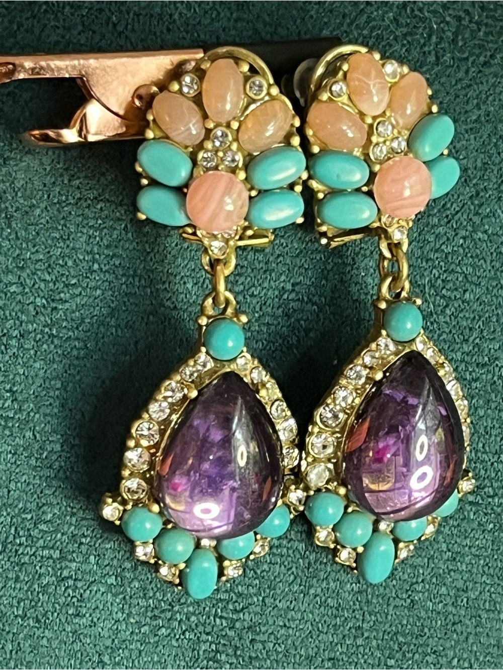 Gold-Tone Teardrop Earrings with Purple, Turquoise & Peach Stones